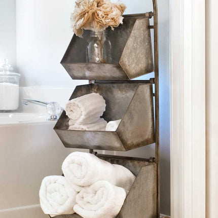 Rustic Metal Three Bin Cart with Wheels and Handle