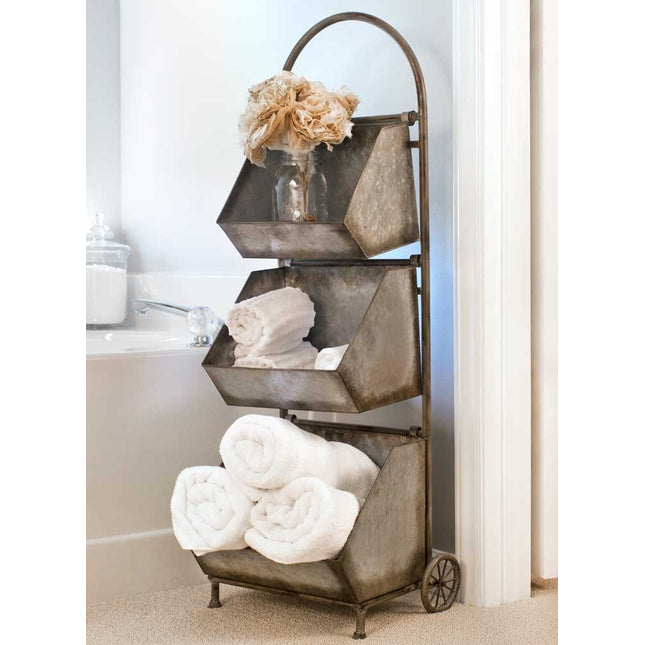 Rustic Metal Three Bin Cart with Wheels and Handle