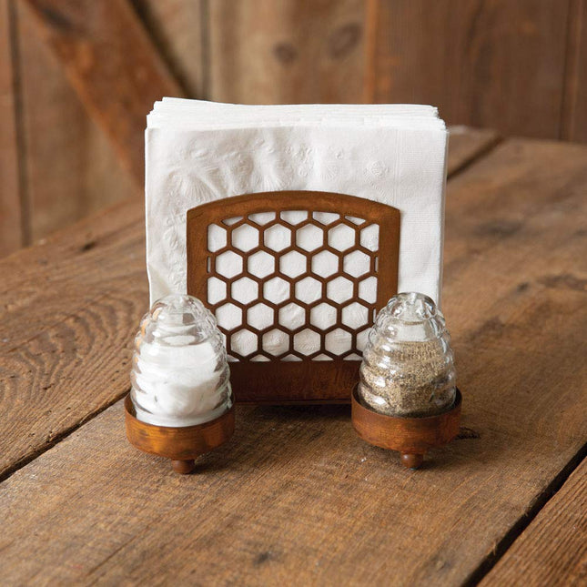CTW Home Collection 370522 Honey Hive Salt Pepper and Napkin Caddy, 7.75-inch Height