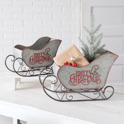 CTW Home Collection Galvanized Metal Christmas Sleighs Figurine, Set of 2, Holiday Season Decoration