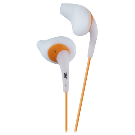 JVC White and Orange Nozzel Secure Comfort Fit Sweat Proof Gumy Sport Earbuds with long colored cord HA-EN10W