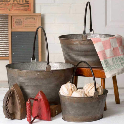 Colonial Tin Works Rustic Set of Three Round Buckets with Handles Home Décor, Multisizes, Gray