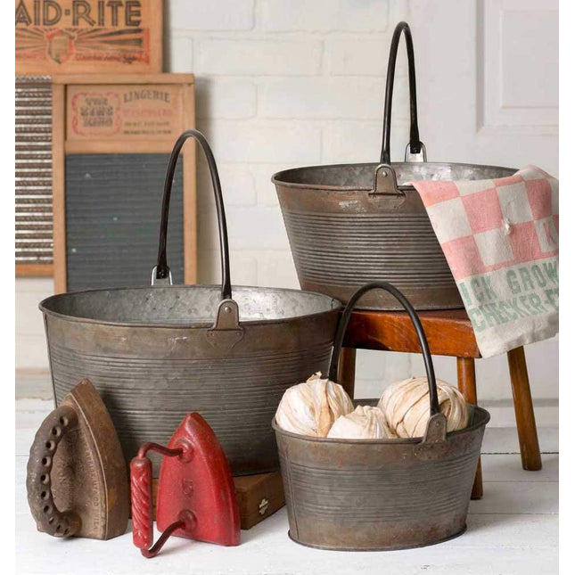 Colonial Tin Works Rustic Set of Three Round Buckets with Handles Home Décor, Multisizes, Gray