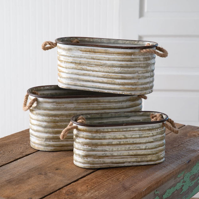 CTW Home Collection Corrugated Oval Bins Planter, Set of 3, Metal, Outdoor Decoration