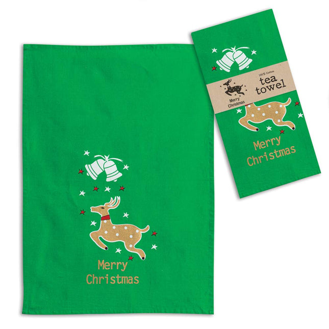 CTW 780082 Merry Christmas Reindeer Tea Towel, 28-inch Length, Green, Cotton