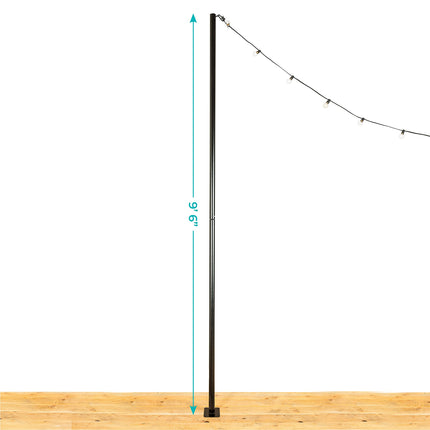 IYN Stands Outdoor String Light Pole Stand - 9.5 Feet, Black, Weather Resistant Powder Coated Steel - Mount to Deck, Concrete, Patio, Backyard with Base Plate
