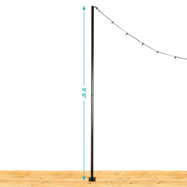IYN Stands Outdoor String Light Pole Stand - 9.5 Feet, Black, Weather Resistant Powder Coated Steel - Mount to Deck, Concrete, Patio, Backyard with Base Plate