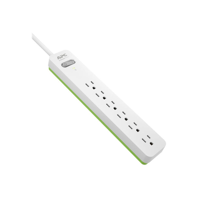 Surge Protector Power Strip, APC PE66W, 1080 Joule, Flat Plug, 6 Outlet Power Cord Strip White/Green