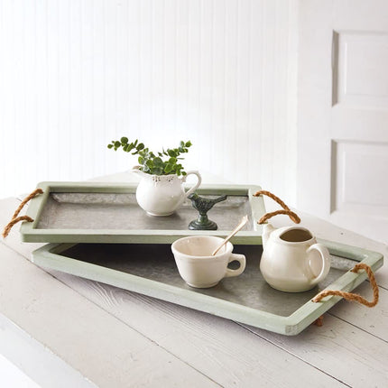 CTW Home Collection Jade Galvanized Trays with Rope Handles, Set of 2