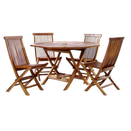 All Things Cedar TT5P-O-B 5-Piece Teak Octagon Table Folding Chair Set with Cushions, Blue