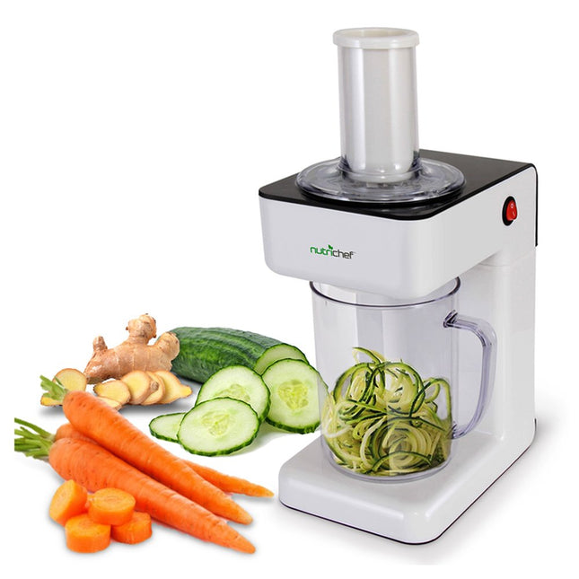 Nutrichef Electric Food Chopper | Zoodle Maker | 3-in-1 Vegetable Processor, Fruit Cutter, Spiral Shredder Machine, Veggie Spaghetti & Noodle maker | Includes Food Plunger & 1.2L Bowl