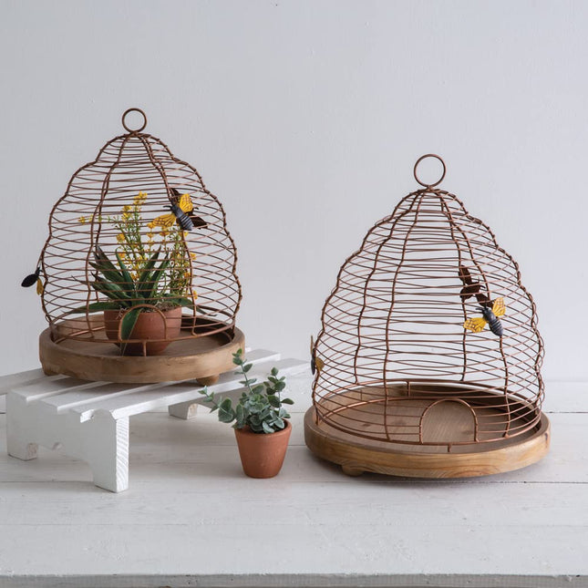 CTW Home Collection Wire Beehive Cloches, Set of 2, Metal and Wood, Plant Cover, Floral Display, Home Garden Decor