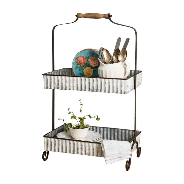 CTW Distressed Whitewash Corrugated Two-Tier Tabletop Caddy Kitchen Supplies, 15.25  x 10  x 23.5 , Silver