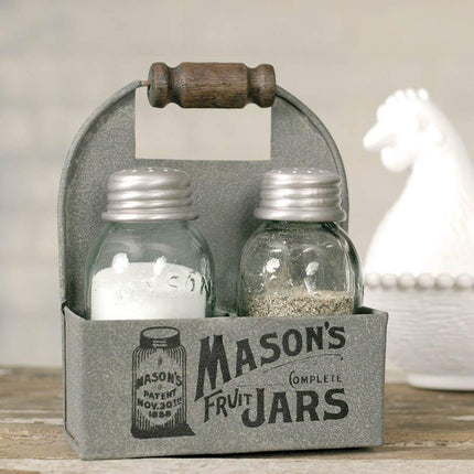 1 X Mason's Jars Box Salt and Pepper Caddy with Wood Handle