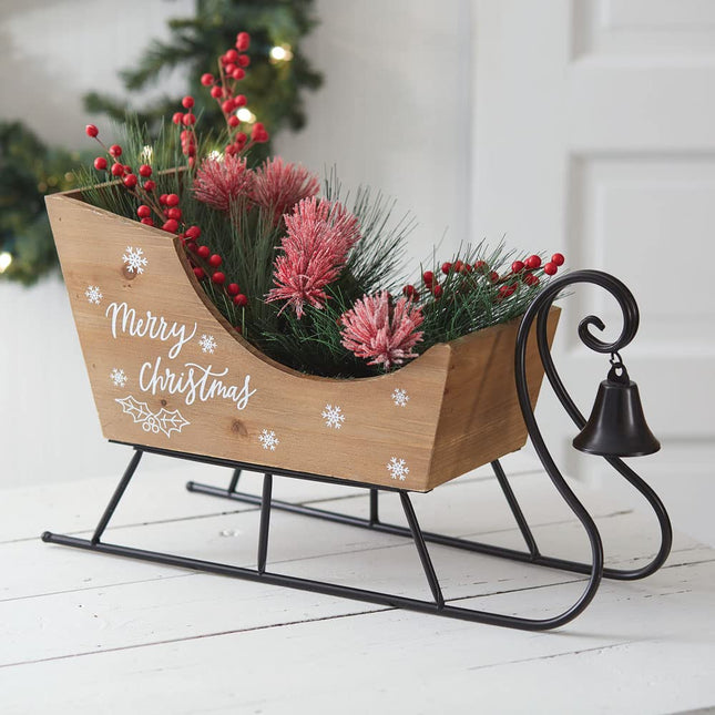 Colonial Tin Works Tabletop Wooden Sleigh with Bell, 18-inch Width
