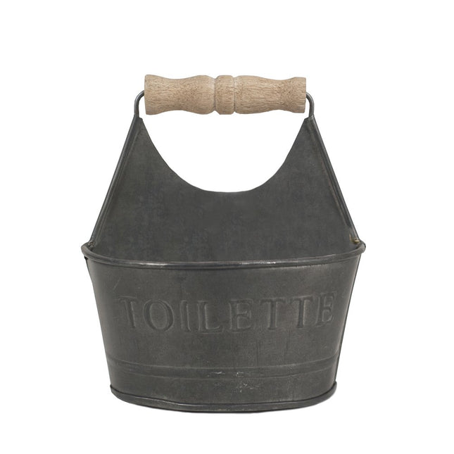 CTW Home Collection Gray Colonial Tin Works Small Toiletries Bathroom Caddy 450156 Metal with Wooden Handle and Toilette on Front Rustic Farmhouse