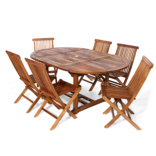 All Things Cedar TE70-22-W Teak Oval Extension Patio Table & Folding Chair Set with Cushions, White