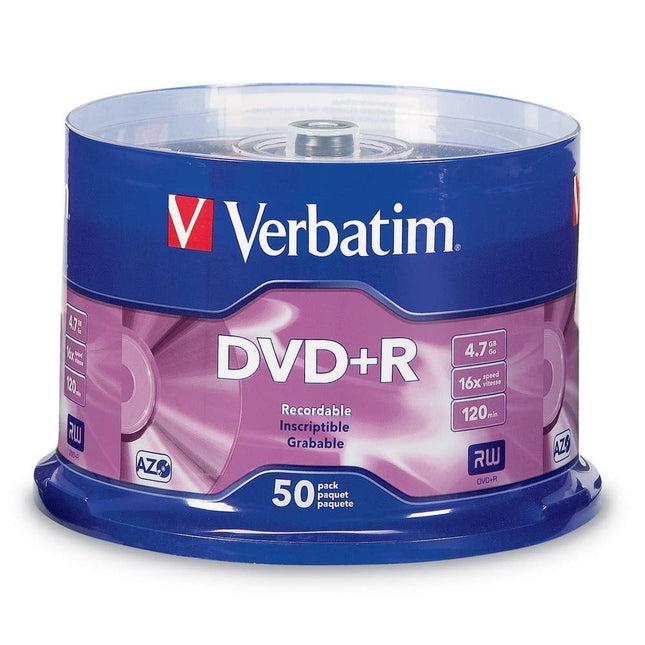 Verbatim DVD+R Blank Discs AZO Dye 4.7GB 16X Recordable Disc - 50 Discs Spindle,Silver