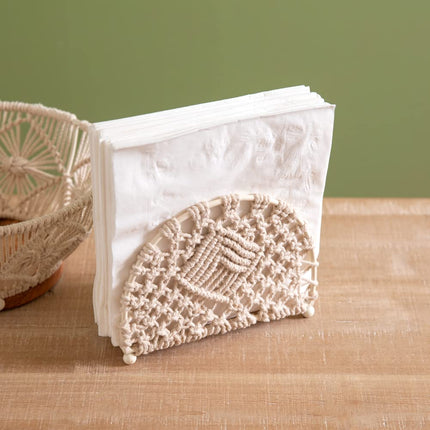 CTW 460380 Wood and Macrame Napkin Holder, 5-inch Height