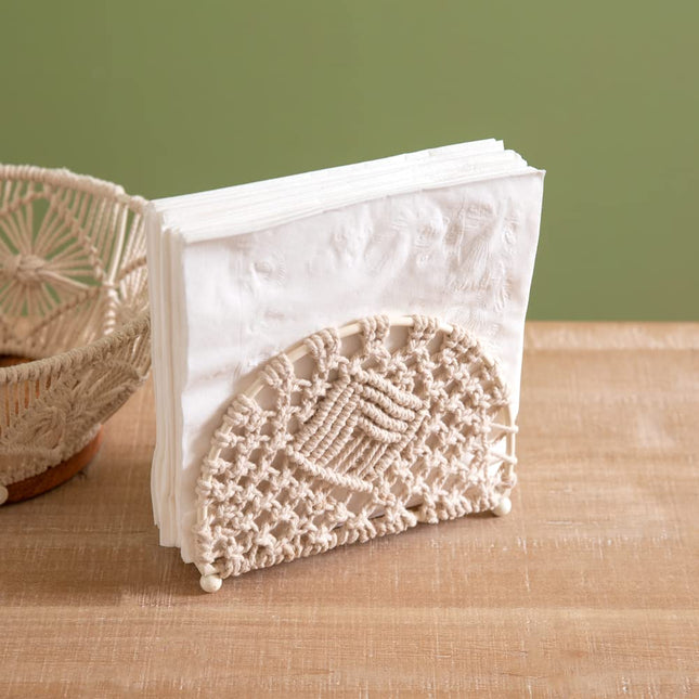CTW 460380 Wood and Macrame Napkin Holder, 5-inch Height
