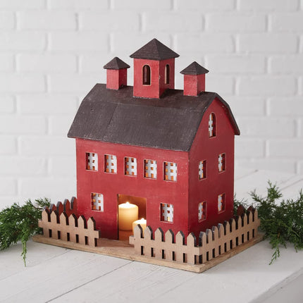 CTW Home Collection Wood Red Holiday Barn Christmas Candle Lantern, 16-inch Height, Holiday Season Decoration