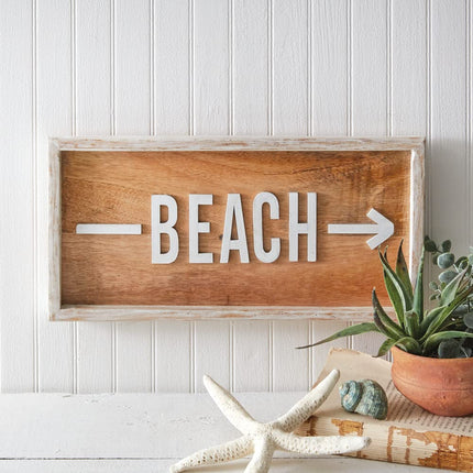Colonial Tin Works Beach Directional Sign, 14-inches(Width), Solid Mango Hardwood, Wall Mount Home Décor