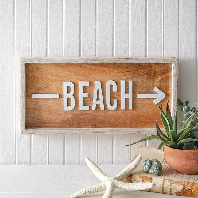 Colonial Tin Works Beach Directional Sign, 14-inches(Width), Solid Mango Hardwood, Wall Mount Home Décor
