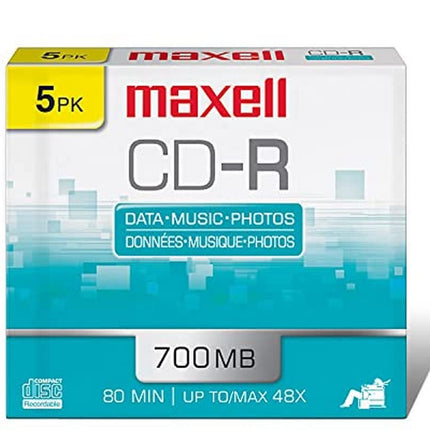 Maxell - 648205, Polycarbonate Substrate CD-R Disc - High-Quality Media for Data Storage, Music & Archiving - 700MB/80 Min Capacity with 48X Write Speed - 5 Pack with Jewel Cases