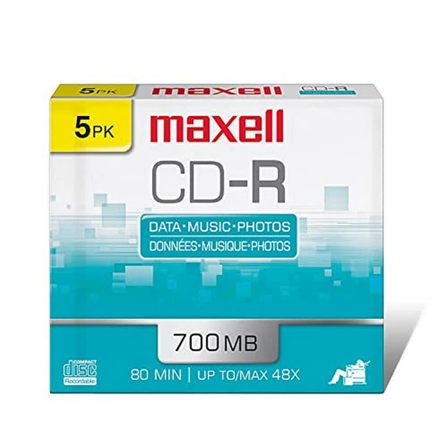 Maxell - 648205, Polycarbonate Substrate CD-R Disc - High-Quality Media for Data Storage, Music & Archiving - 700MB/80 Min Capacity with 48X Write Speed - 5 Pack with Jewel Cases