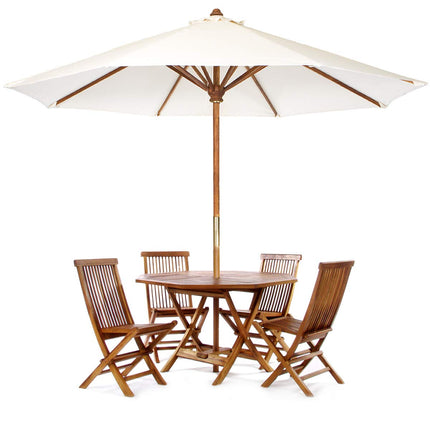 All Things Cedar TT6P-O-B 6-Piece Teak Octagon Patio Table Folding Chair Set with Umbrella, Blue
