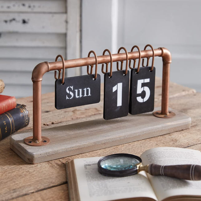 CTW Home Collection Copper Pipe Perpetual Desk Calendar, 7.5-inch Height, Metal and Wood, Desktop Accessories, Home Office Decor