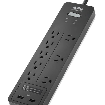 APC Power Strip Surge Protector with USB Charging Ports, PH8U2, 2160 Joules, Flat Plug, 8 Outlets Black
