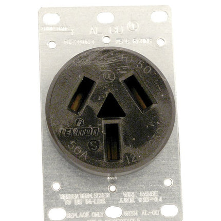Leviton 5206 50 Amp, 125/250 Volt, NEMA 10-50R, 3P, 3W, Flush Mounting Receptacle, Straight Blade, Industrial Grade, Non-Grounding, Side Wired, Steel Strap, Black