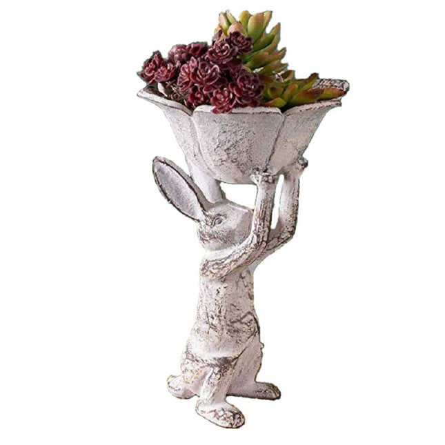 Distressed Antique White Cast Iron Rabbit with Flower Bird Feeder