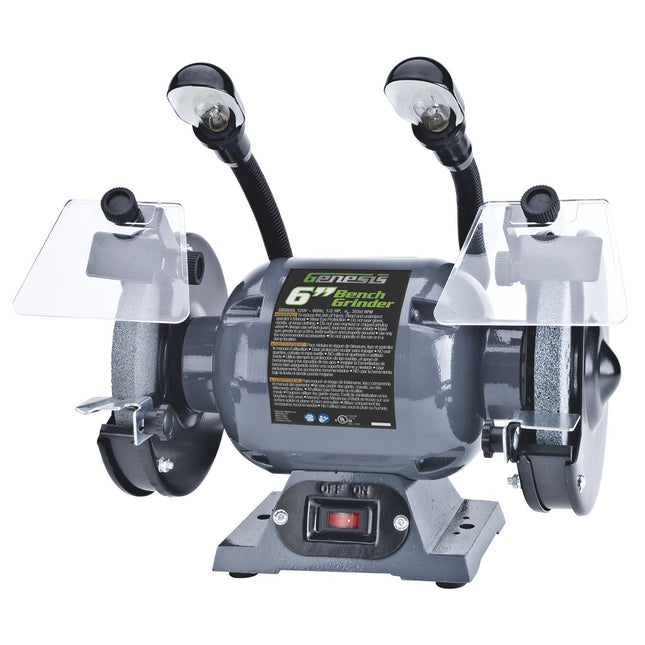 Genesis GBG600L 6  Bench Grinder with Dual, Flexible Lights and Eye Shield , Gray