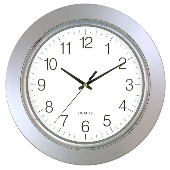 Timekeeper 13  Clock with Silver Frame and Chrome Bezel / Flat Glass Lens, Silver/White