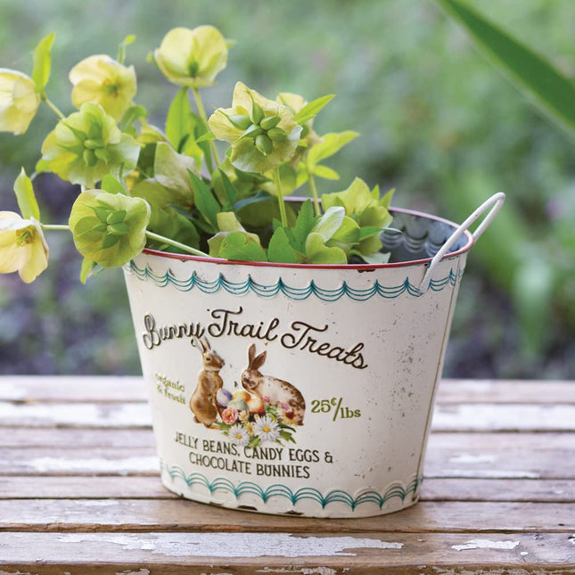 CTW Home Collection Bunny Trail Treats Bucket Planter, 10.25-inch Width, Metal, Flower Organizer, Tabletop Accent, Indoor Outdoor Decoration