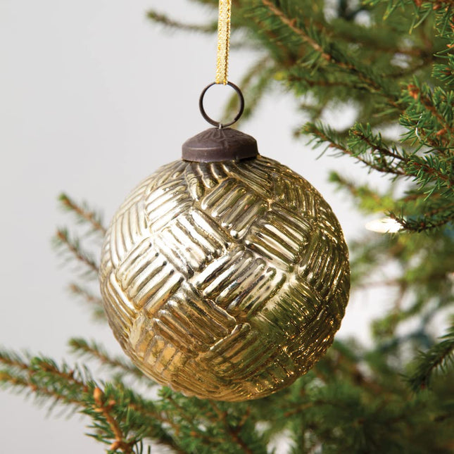 CTW Home Collection Mercury Glass Basket Weave Ornament, 4-Inch Diameter, Set of 4, Yellow