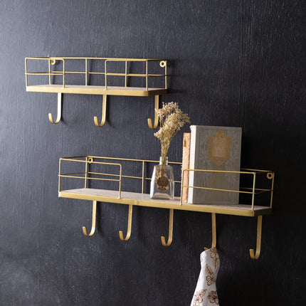 CTW Home Collection Gold Finish Shelves with Hooks, 23.50-inch Width, Set of 2
