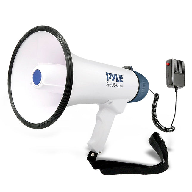 Pyle Compact Portable PA Megaphone Speaker - 50W Handheld Bullhorn with LED Flashlight, Alarm Siren, Adjustable Volume, Detachable Microphone, Battery Powered for Indoor & Outdoor Use,White