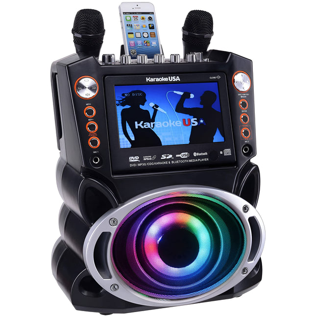 Karaoke USA GF946 GF946 DVD/CD+G/MP3+G Bluetooth 35-Watt Karaoke System with 7-Inch TFT Digital Color Screen, LED Lights, HDMI Output, and 2 Microphones
