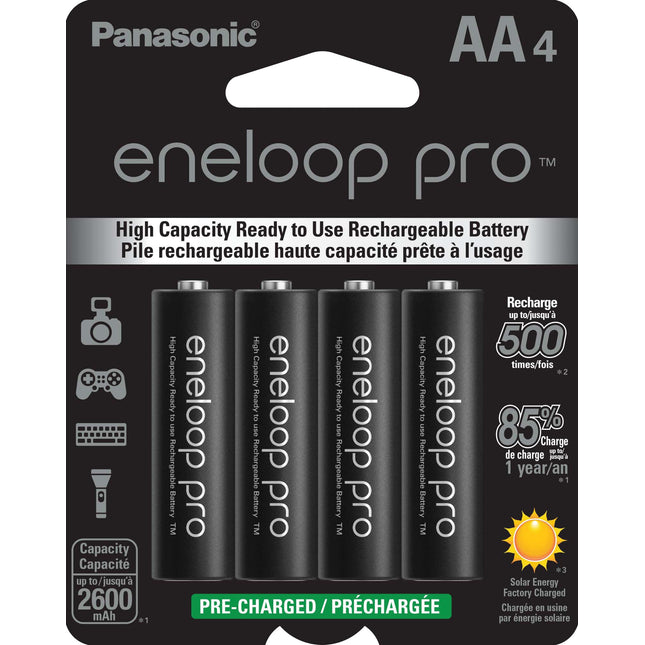 Panasonic BK-3HCCA4BA eneloop pro AA High-Capacity Ni-MH Pre-Charged Rechargeable Batteries, 4-Battery Pack