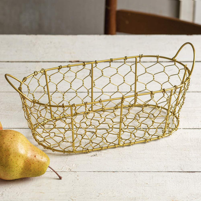 Colonial Tin Works Oval Chicken Wire Basket with Handles, 13.25-inch Width, Gold