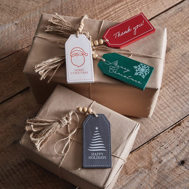 CTW Home Collection Wood Christmas Tags, Set of 4, Mango Wood, Christmas, Seasonal, Gift Wrapping Accessories, Labels