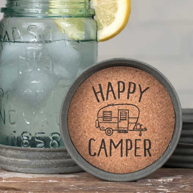 CTWCollection Happy Camper Mason Jar Lid Coaster Home Décor, 3.25  diameter x 1  tall, Grey, Tan, Black