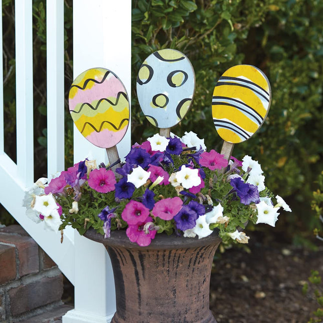 CTW Home Collection Easter Egg Garden Stakes, Set of 3, Wood, 15-inch Height, Oudoor Decor, Garden Accent