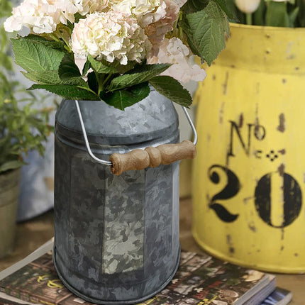Vintage Galvanized Metal-Decorative Milk Pail w/ Wood Handle
