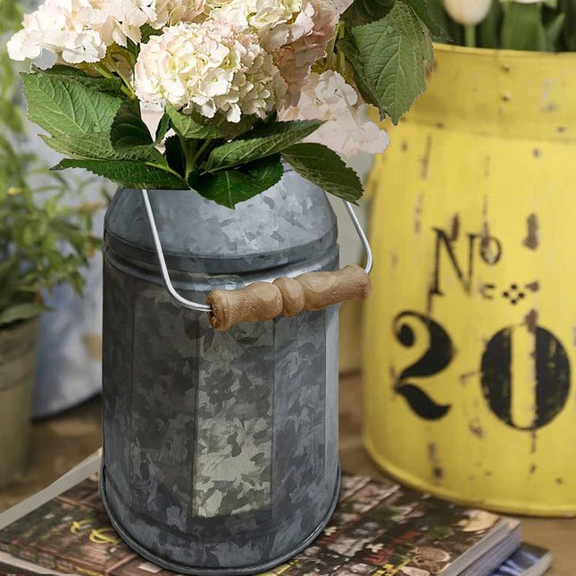 Vintage Galvanized Metal-Decorative Milk Pail w/ Wood Handle
