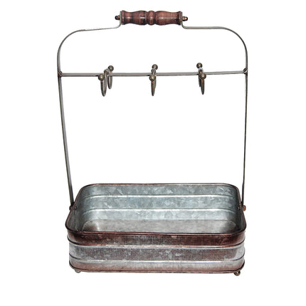 Benzara BM177866 Rustic Galvanized Metal Crockery Holder with Cup Hooks, Gray