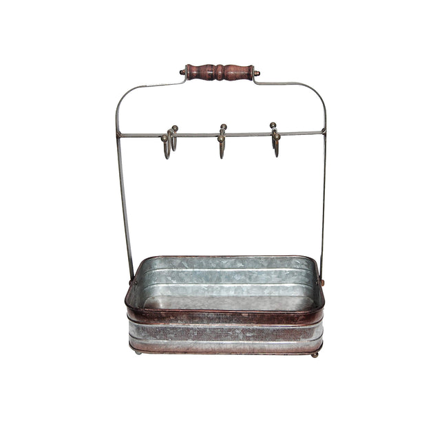 Benzara BM177866 Rustic Galvanized Metal Crockery Holder with Cup Hooks, Gray